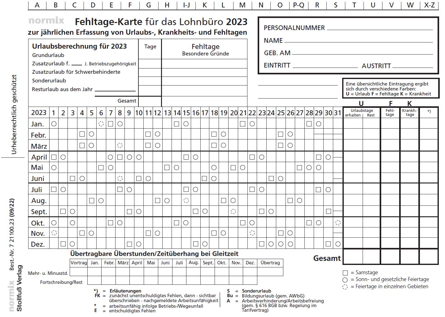 Fehltage-Karte mit Kalendarium 2023, aber mit freier Rückseite | Print